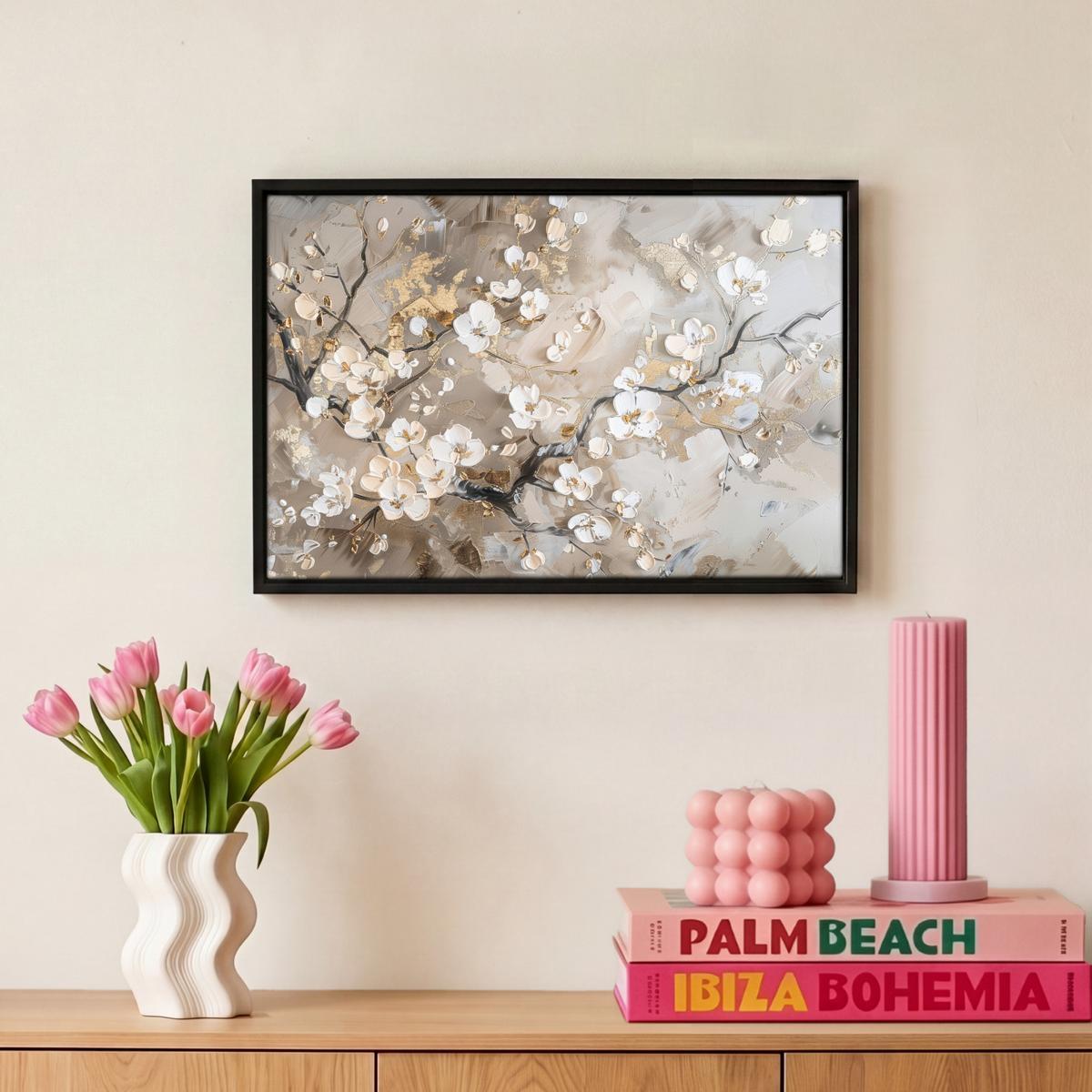 LEINWAND Bilder mit Rahmen - Blumen - Weiß - Gold - Beige - Luxus - 30x20 - Greige, Textil (30/20cm) - MuchoWow