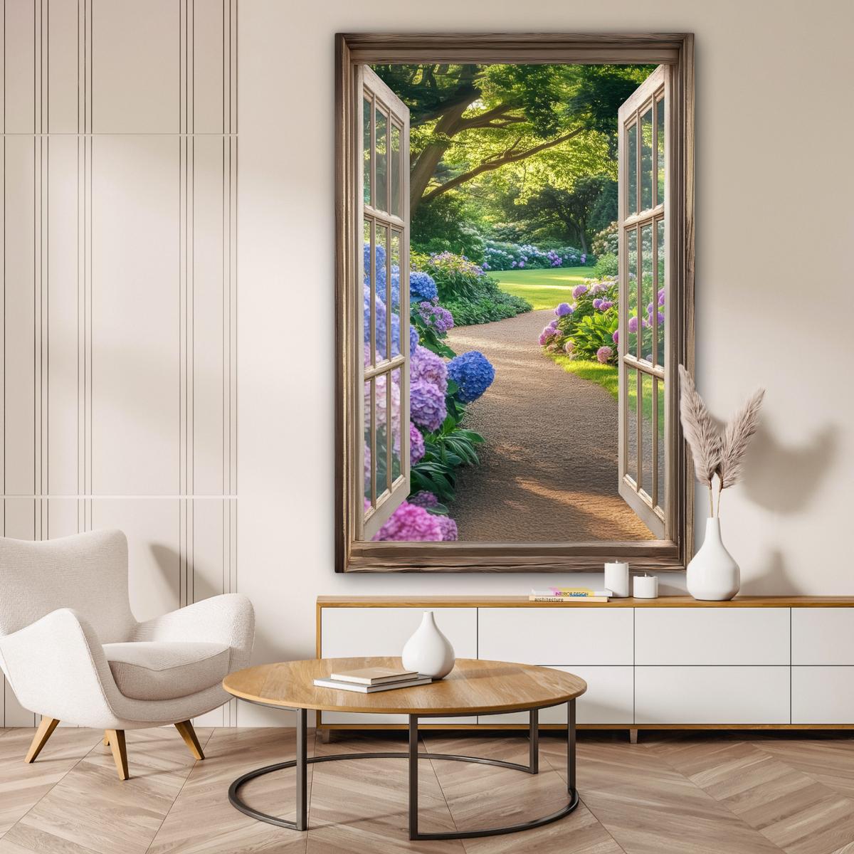 LEINWANDBILD Aussicht - Garten - Fenster - Hortensie - Blumen Deko Groß 90x140 cm - Pastellblau, Textil (90/140cm) - MuchoWow