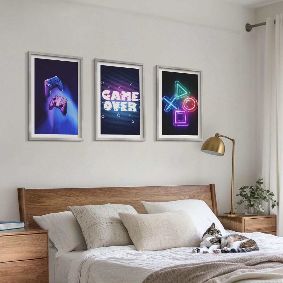 BILDER SET 3er Set - 40x60 cm Silberner Rahmen - Game Over Gamepads - Silberfarben, Kunststoff (40/60cm) - TULUP