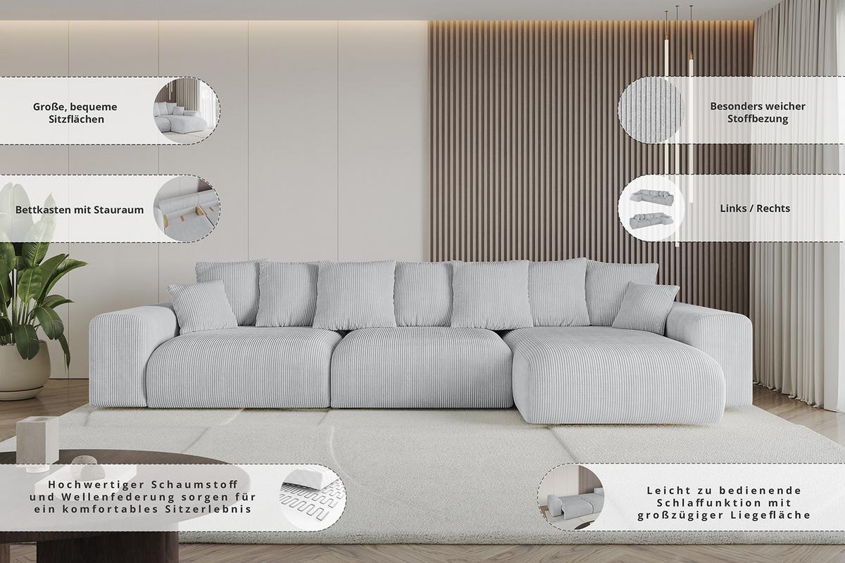 ECKSOFA Ottomane rechts ESKAR-L2 364x176x72 Platinfarben Bouclé - Platinfarben/Schwarz, Holzwerkstoff/Kunststoff (176/364cm) - ALTDECOR