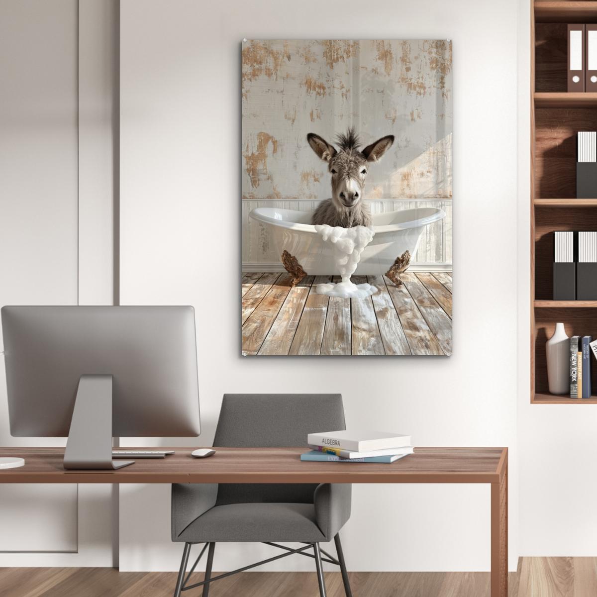 ACRYLGLASBILD Esel - Tiere - Badewanne - Schaumstoff 80x120 cm - Weiß, Glas (80/120cm) - MuchoWow