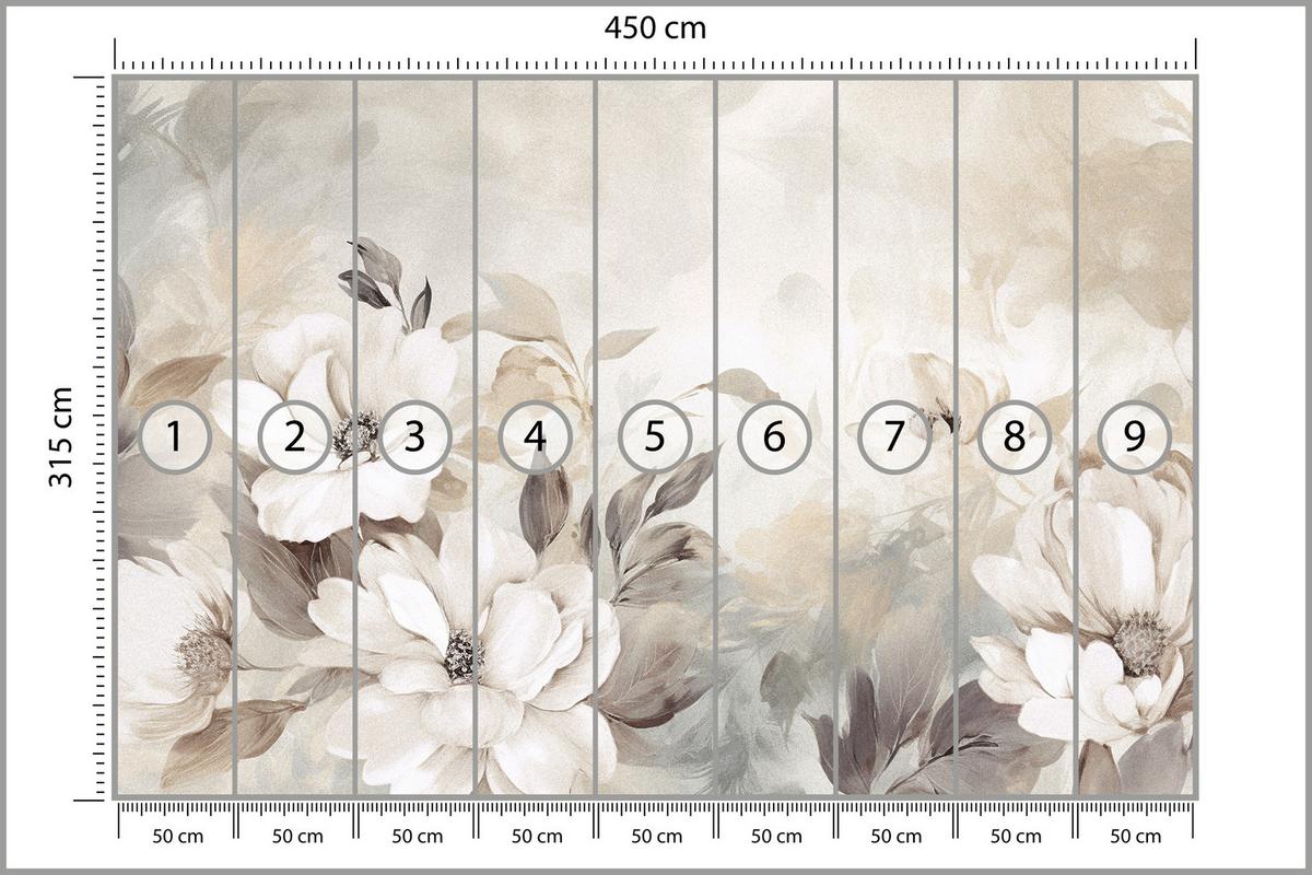FOTOTAPETE für Schlafzimmer Abstrakte Creme Blumen Aquarell 450x315 - Beige/Braun, Papier (450/315cm) - Muralo