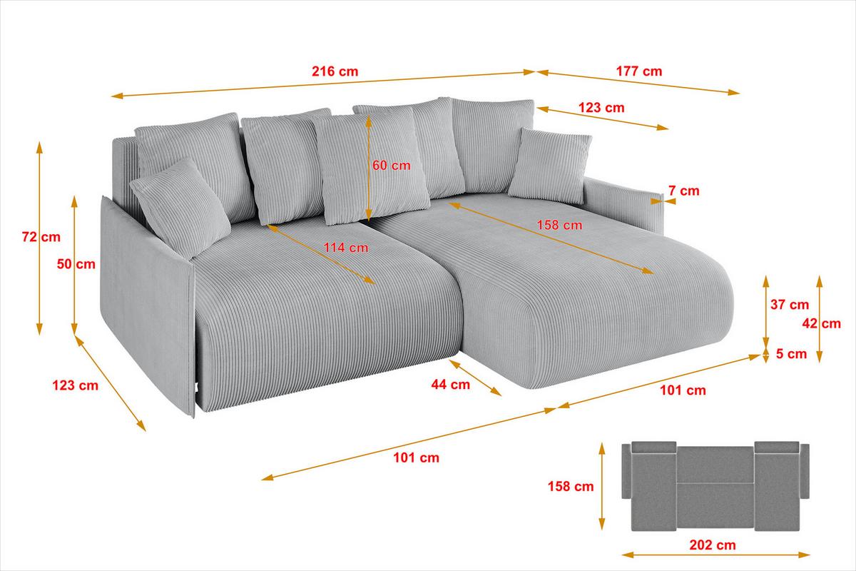 ECKSOFA Ottomane rechts ONESK-L -v1 216x177x72 Grau Cord - Grau, Holzwerkstoff/Kunststoff (177/216cm) - ALTDECOR