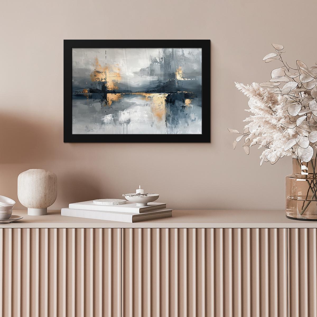 POSTER MIT RAHMENGERAHMTES BILD Kunst - Grau - Gold - Abstrakt 30x20 cm - Dunkelgrau, Papier (30/20cm) - MuchoWow