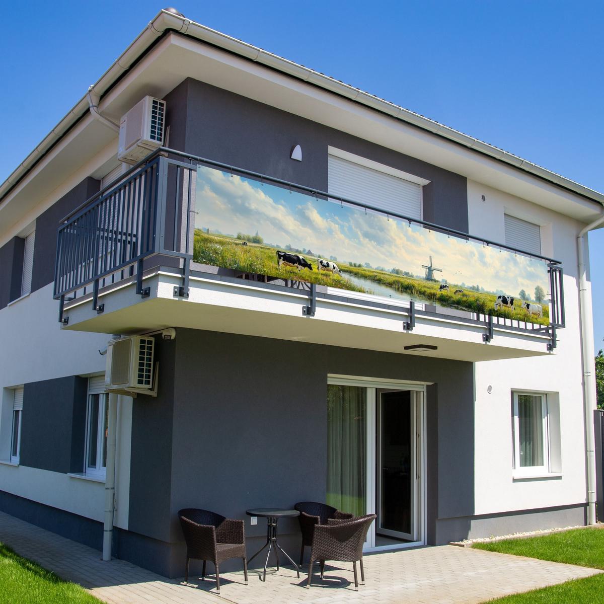 BALKON-SICHTSCHUTZ Kühe - Windmühle - Wiese - Blau Deko XXL 500x110 cm - Grün, Kunststoff (500/110cm) - MuchoWow