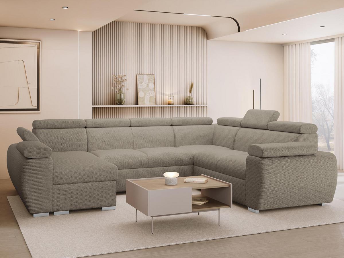 WOHNLANDSCHAFT Boston U, Seite: Links - LC+2P+R+2R - Hellbraun/Chromfarben, Holz/Textil (325/98/260cm) - MIRJAN24