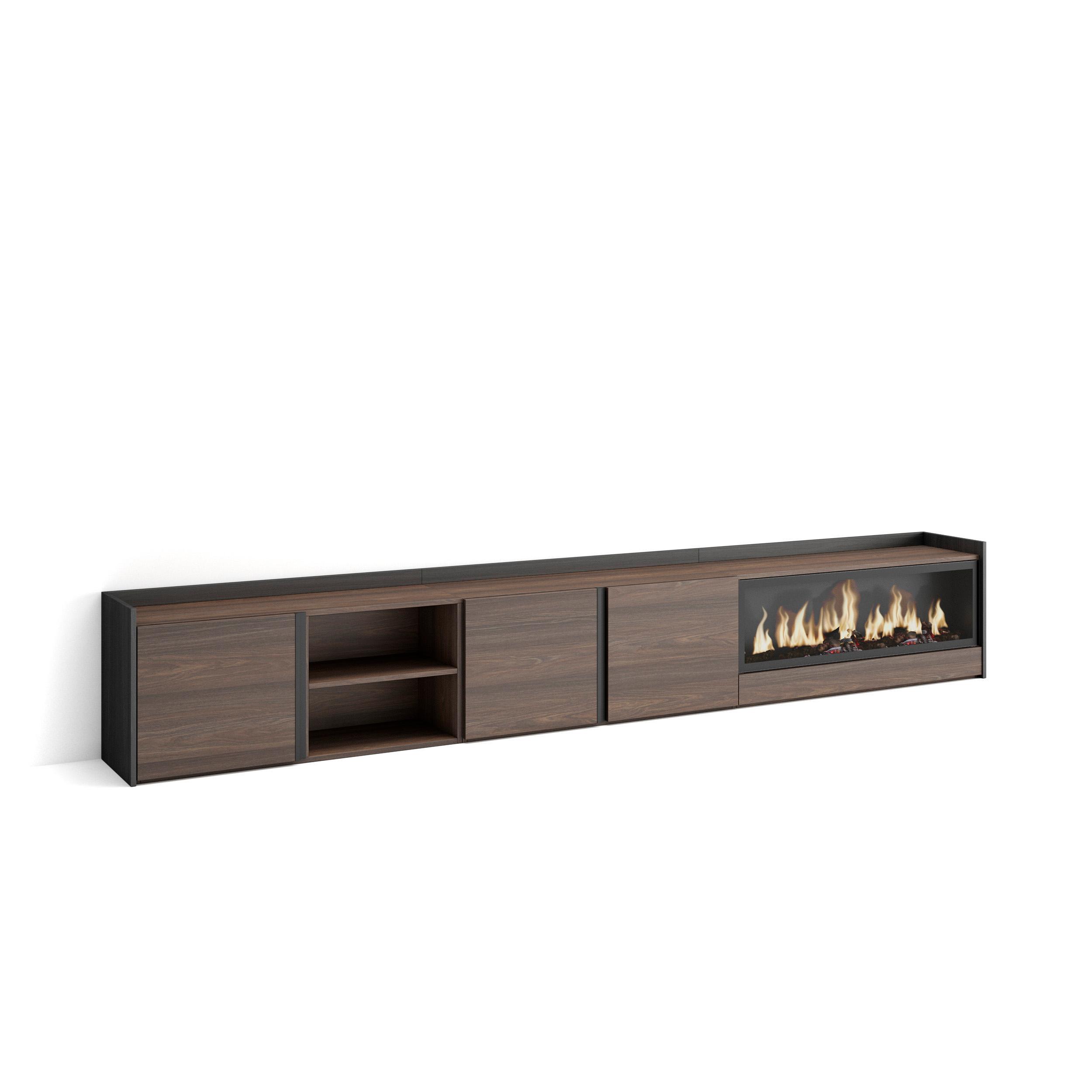 LOWBOARD, Dunkler Eiche und Schwarz, 315/35/50cm, Kamin mit Feuereffekt XXL - Dunkelbraun, Holzwerkstoff (315/50/35cm) - Skraut Home