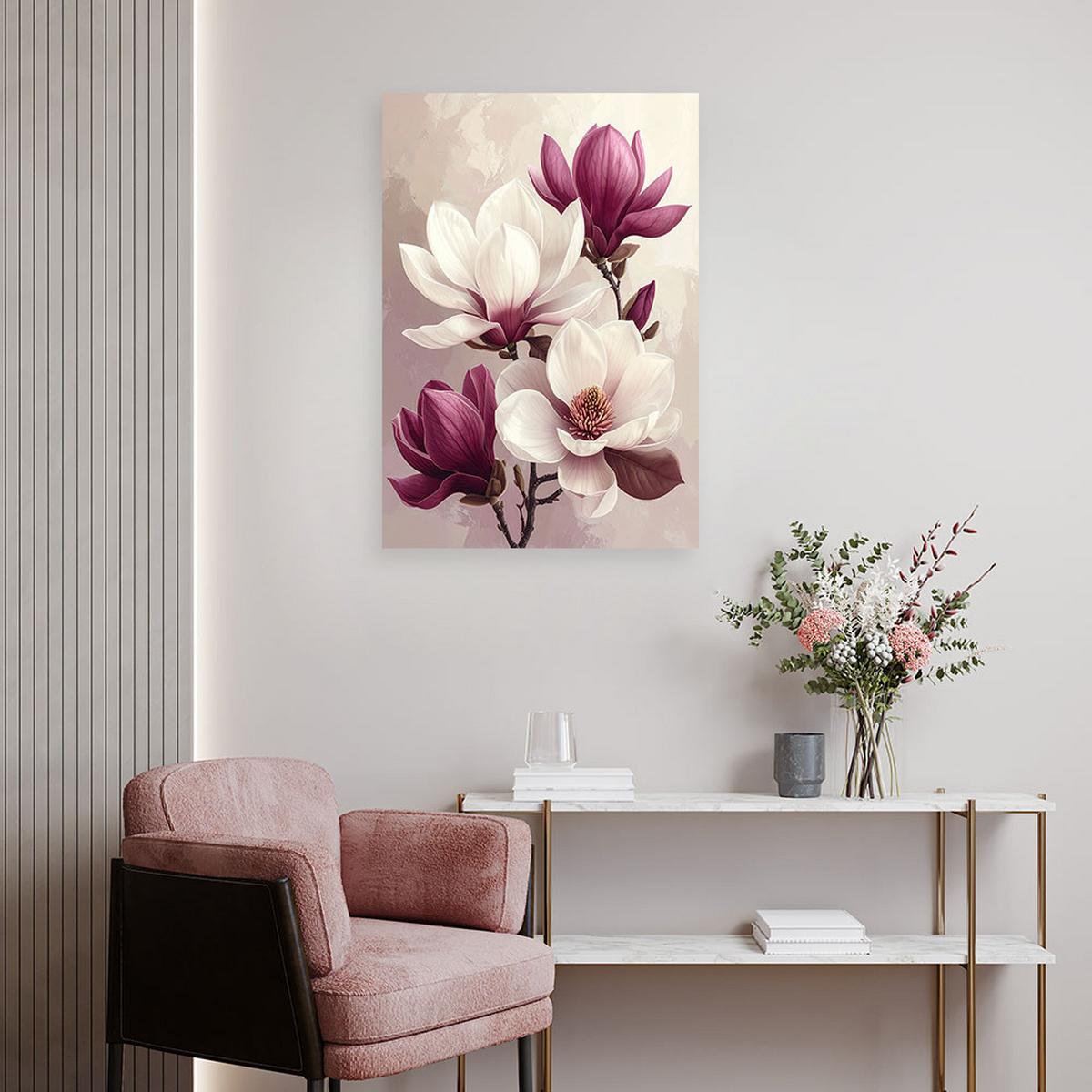 LEINWANDBILD, Weiße Magnolien mit burgunderroten Knospen auf hellem Hintergrund - Lila, Textil (40/60cm) - Feeby