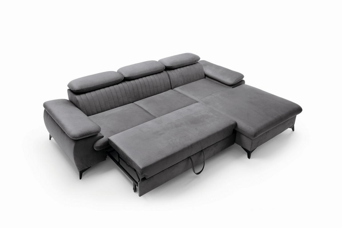ECKSOFA FIORE Grau Velours-Stoff mit Schlaffunktion - Grau, Holz (280/193cm) - MASSENO