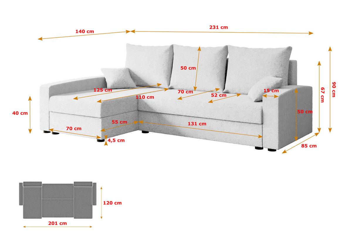 ECKSOFA mit Schlaffunktion und Bettkasten ALESIA-L 231x140x90 cm Weiß Bouclé - Silberfarben/Weiß, Holzwerkstoff/Kunststoff (231/140cm) - ALTDECOR