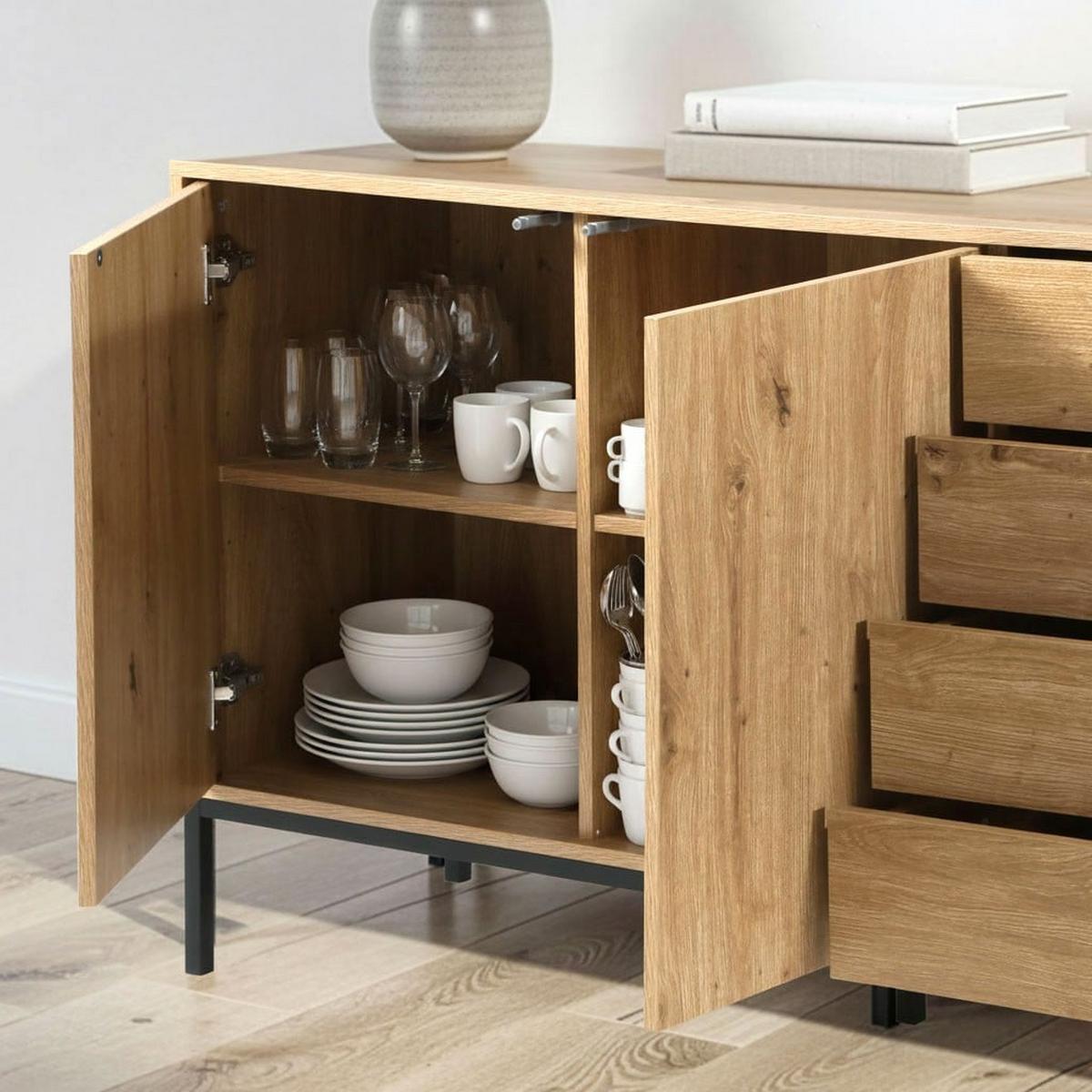 BUFFET mit 2 Türen und 4 Schubladen L140 cm 140/40/80 cm - Eschefarben, Holzwerkstoff (40/80/48.5cm) - Calicosy