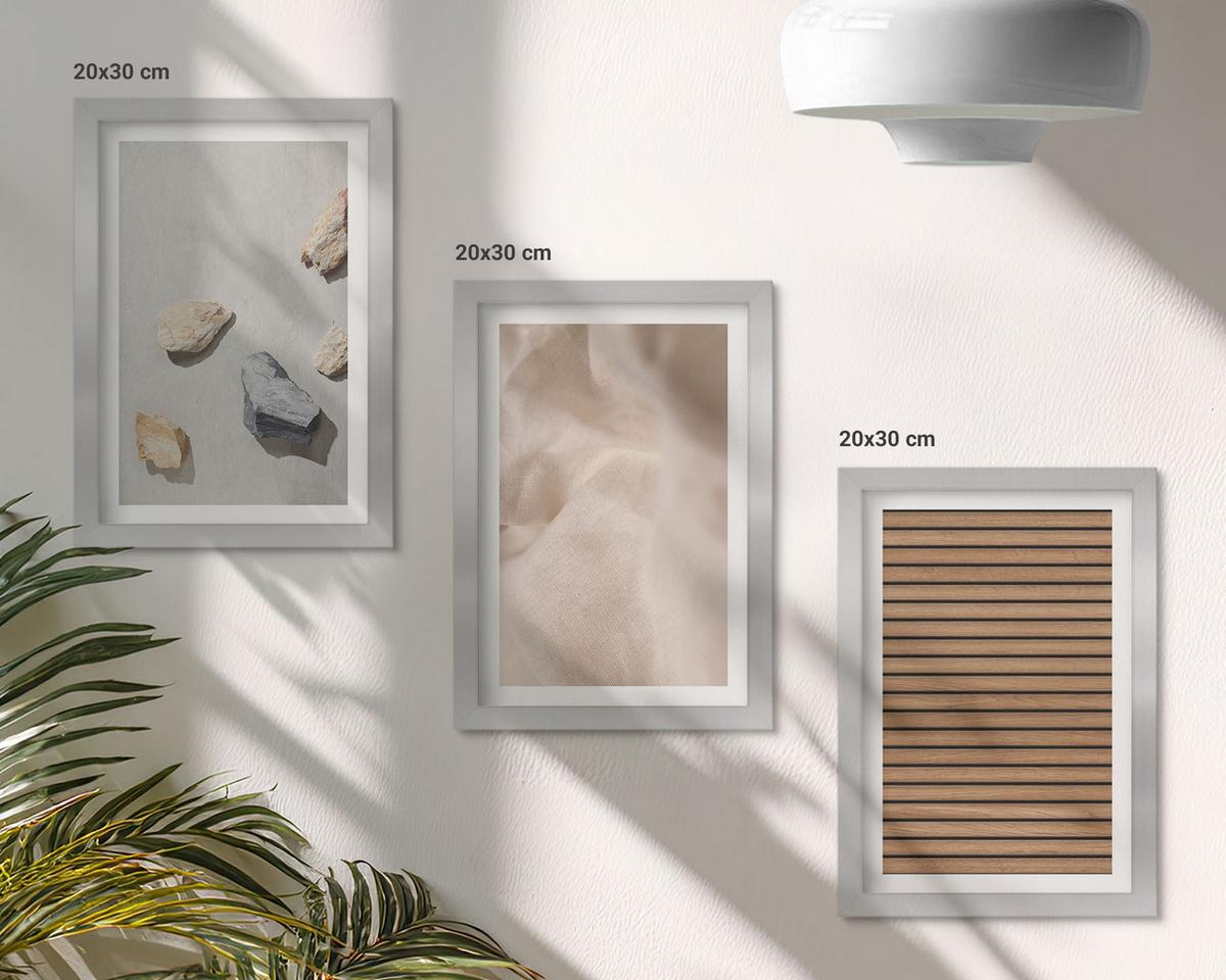 BILDER SET 3er Set - 20x30 cm Silberner Rahmen - Steine, Holz, Stofftexturen - Silberfarben, Kunststoff (20/30cm) - TULUP