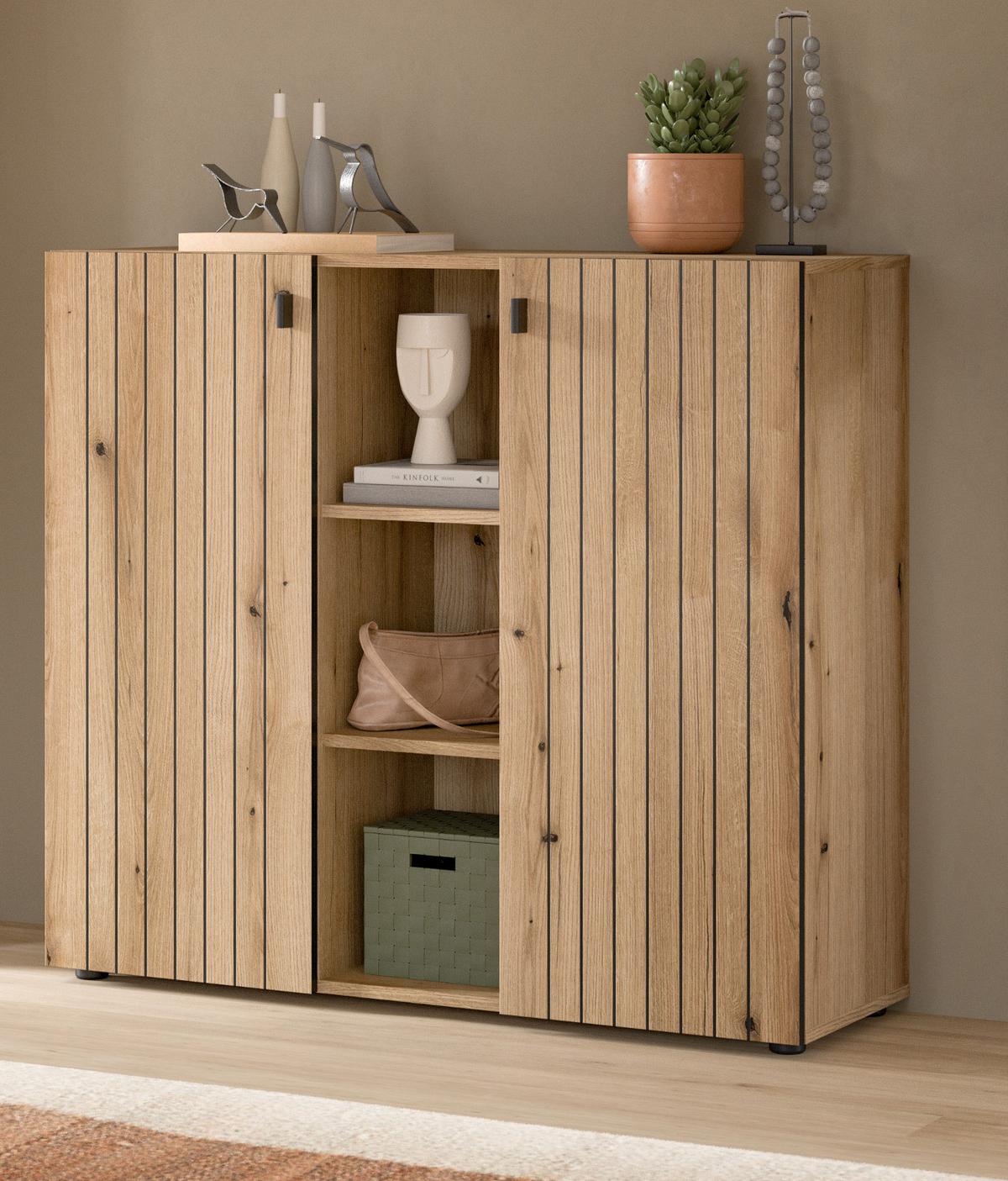FLURKOMMODE Evoke Eiche 106 cm, Schuhschrank mit eingefräster Rillenoptik - Schwarz/Eiche Artisan, Glas/Holzwerkstoff (106/96/37cm) - Inn.Furn