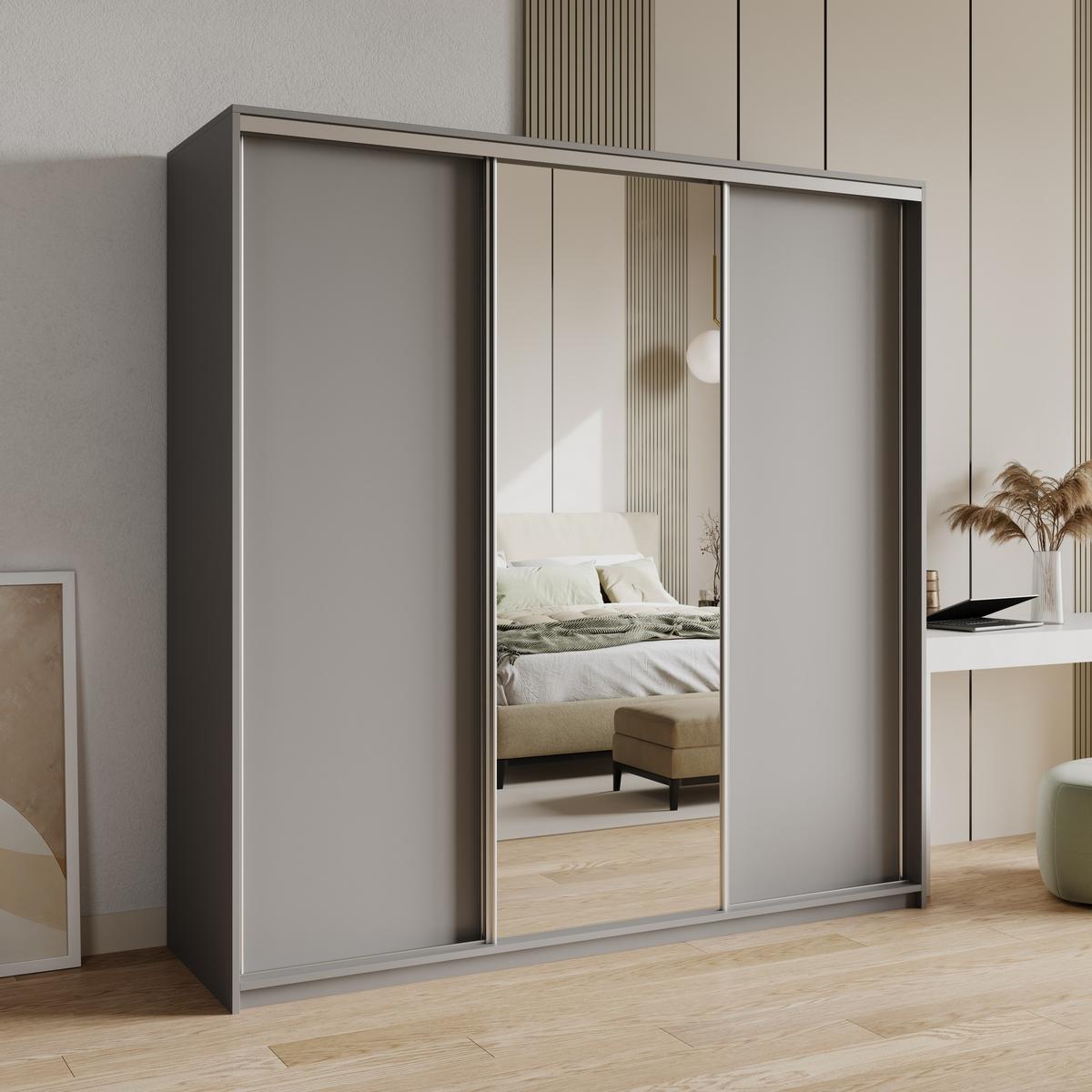SCHWEBETÜRENSCHRANK TAVI 180/205/60 cm 3-türig mit Spiegel und Schubladen Graphitfarben - Graphitfarben/Nickelfarben, Holzwerkstoff (180/205/60cm) - MASSENO