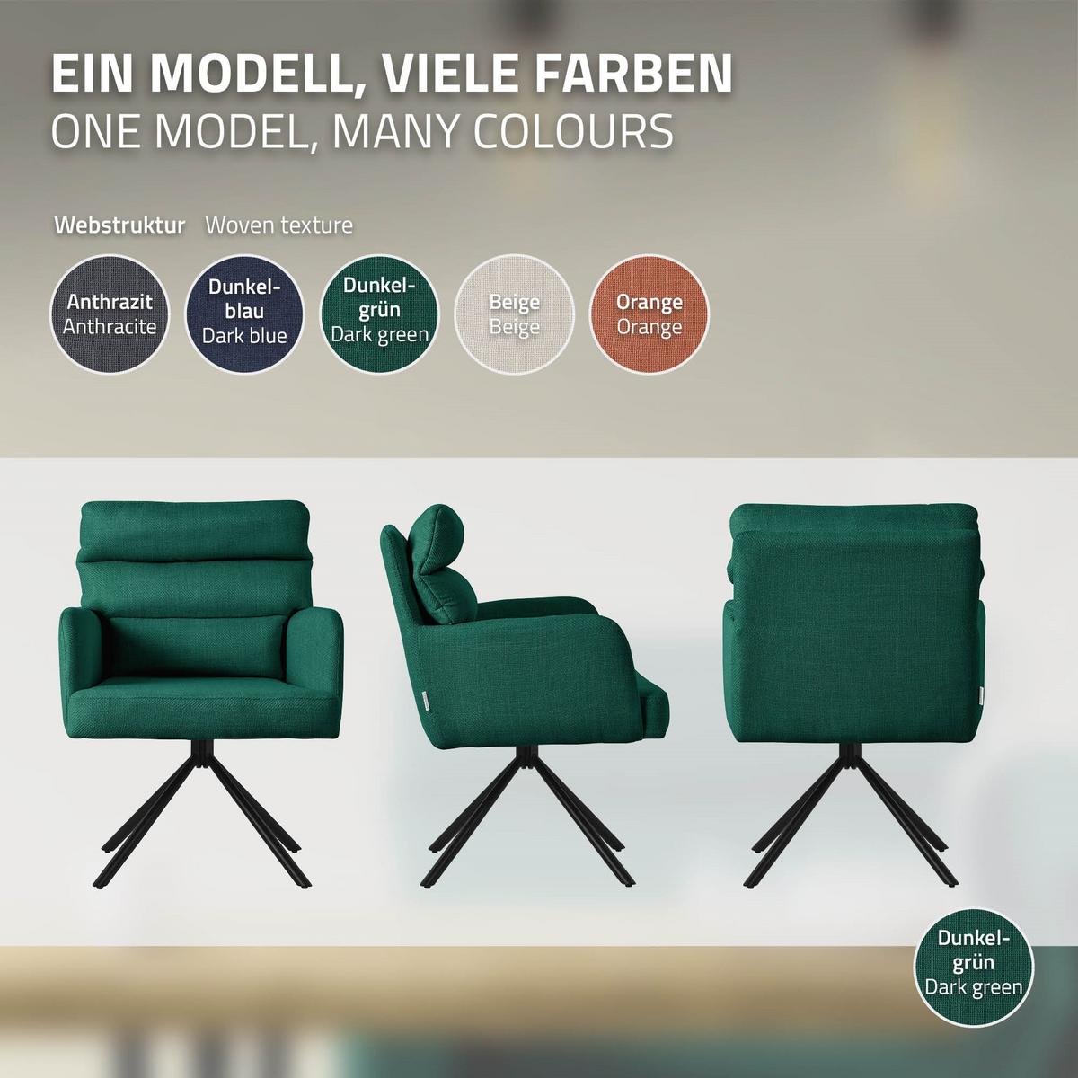 ESSZIMMERSTUHL 4er Set drehbar Dunkelgrün Stoffbezug - Dunkelgrün/Schwarz, Textil/Metall (64.5/93/64cm) - ML-DESIGN