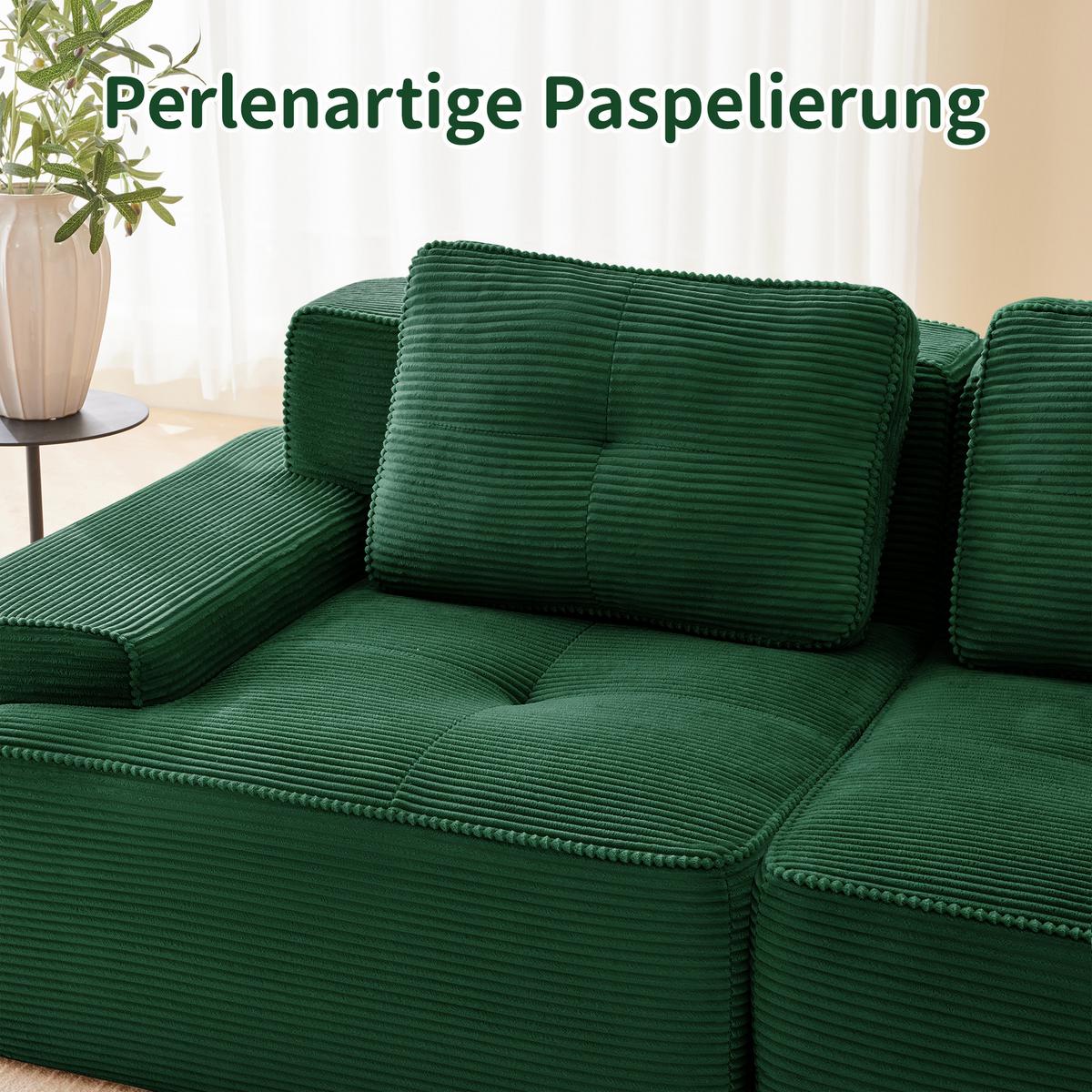 3-SITZER SOFA cord montagefrei & extratiefer sitz - Grün, Textil (293/69/104cm) - Urban Meuble