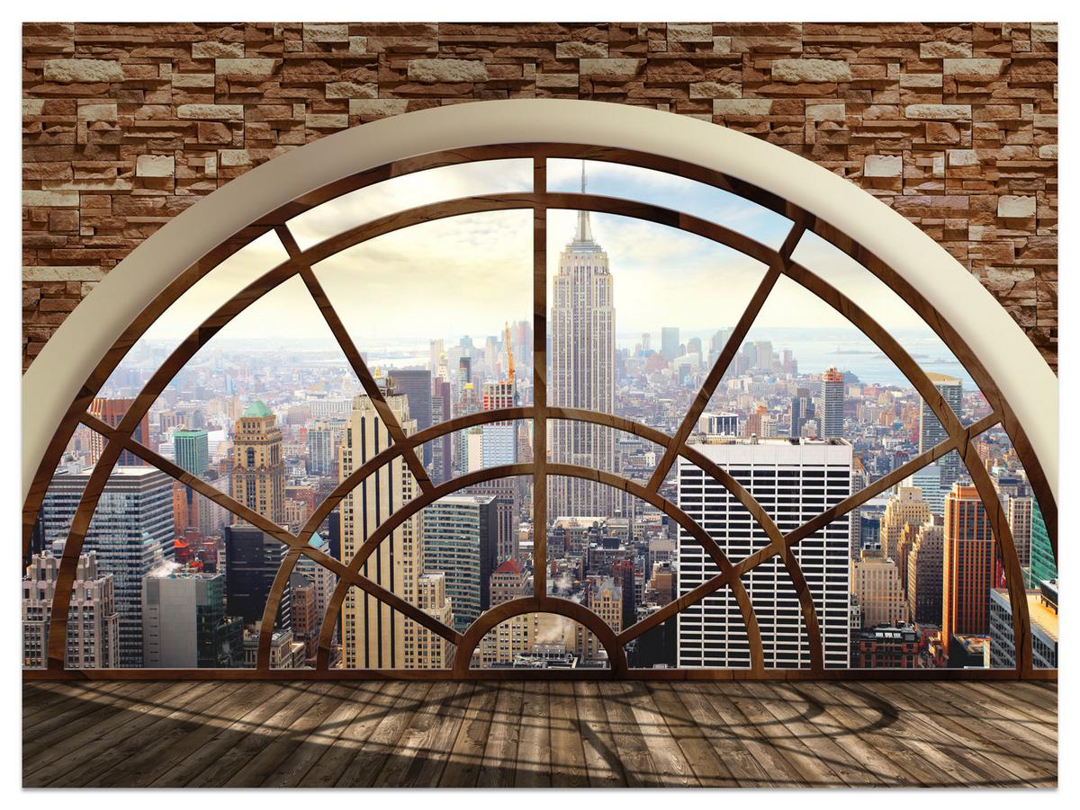 FOTOTAPETE für Wohnzimmer New York Fensterblick Panorama Stadt 150x105 - Beige/Braun, Papier (150/105cm) - Muralo
