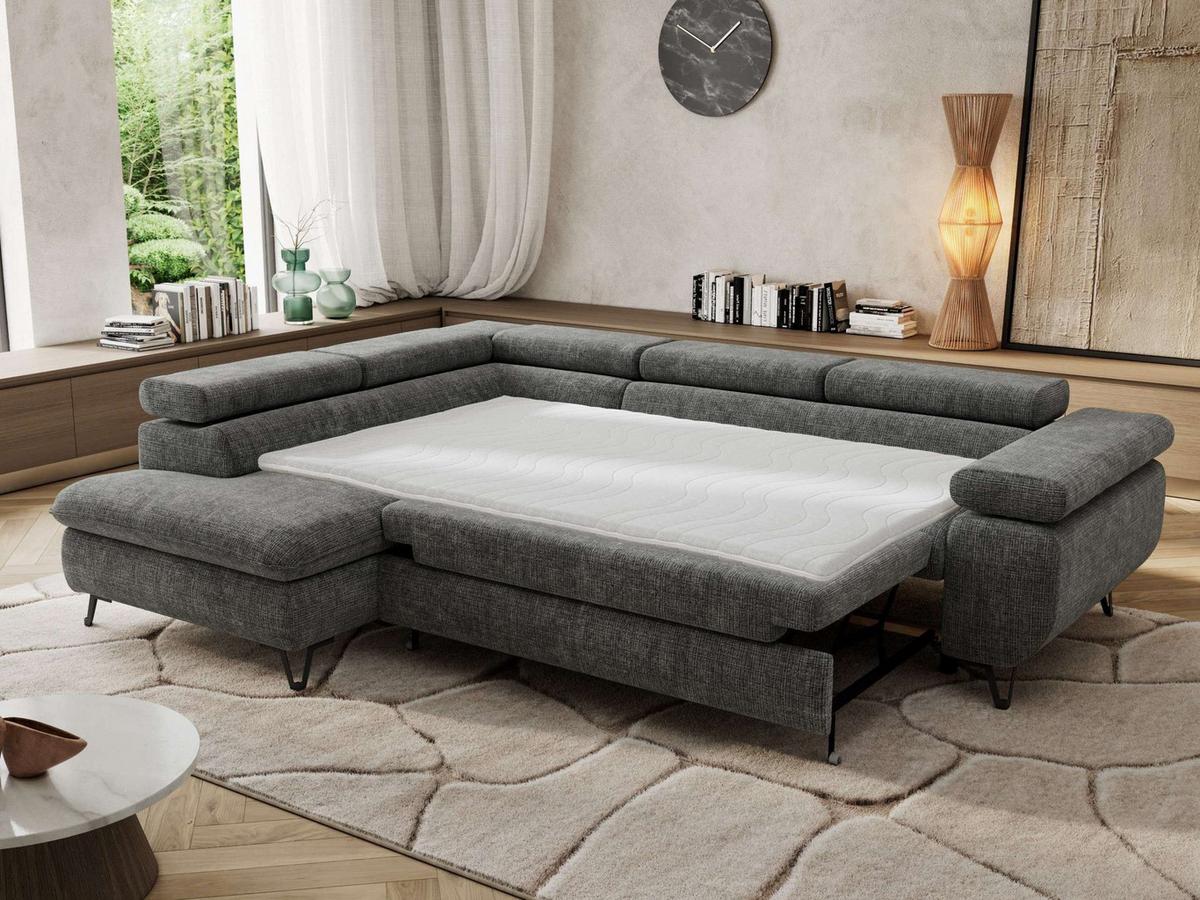 ECKSOFA PABLO L Grau Schenille grob gewebt - Links Seite mit T25 Topper - Schwarz/Grau, Textil/Metall (208/273cm) - MKS