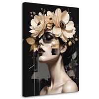 BILD auf Leinwand, Weibliches Porträt mit Blumenkrone im Glamour-Stil - Schwarz, Textil (60/90cm) - Feeby