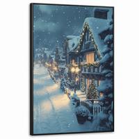LEINWAND Bilder mit Rahmen - Weihnachtsdorf - Weihnachten - Schnee - Winter - 90x140 - Dunkelblau, Textil (90/140cm) - MuchoWow