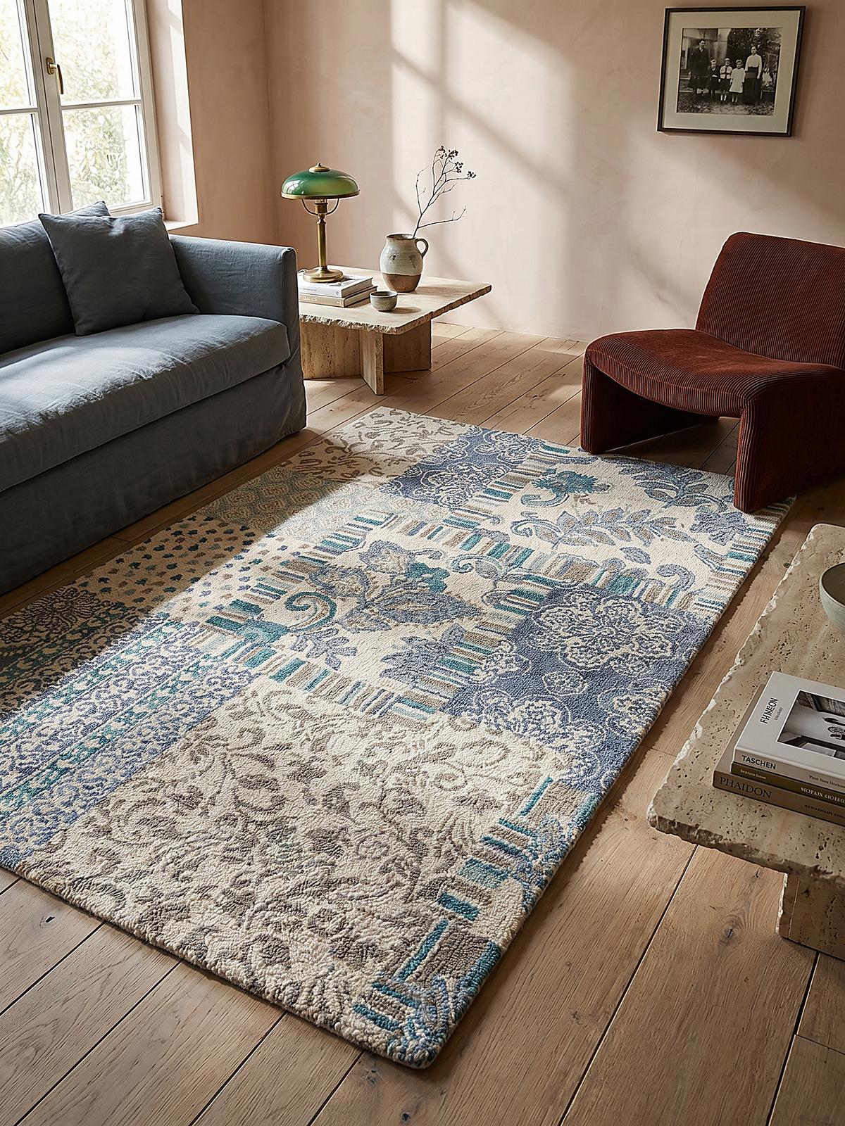 WOLLTEPPICH SOAR, im Patchwork-Stil, Blau, 200 x 290 cm - Blau, Textil (290/200cm) - KADIMA DESIGN