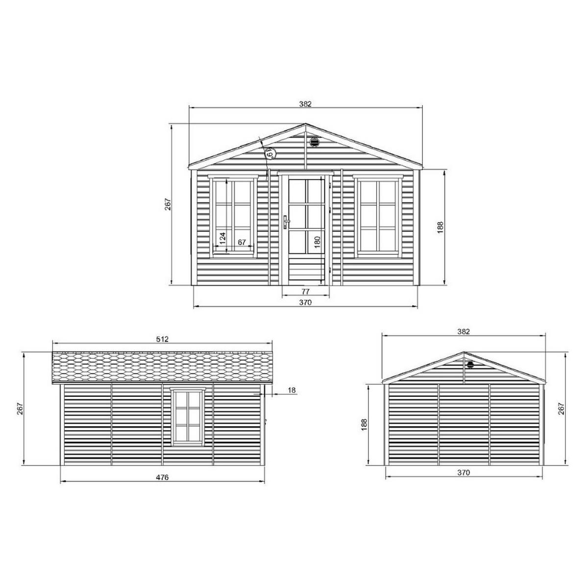 GARTENHAUS HOLZ M736 370 x 480 cm - Naturfarben, Holz (382/276/512cm) - Timbela