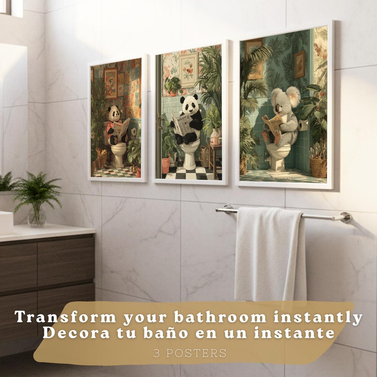 POSTER 3er-Set lustige Badezimmer-Drucke, Panda- und Koala-Tiermotive für Toilette, witziges für Toilette, Vintage-Botanik-Stil Rahmenlos A3 - Klar, Papier (42/29.7/3cm) - Nacnic