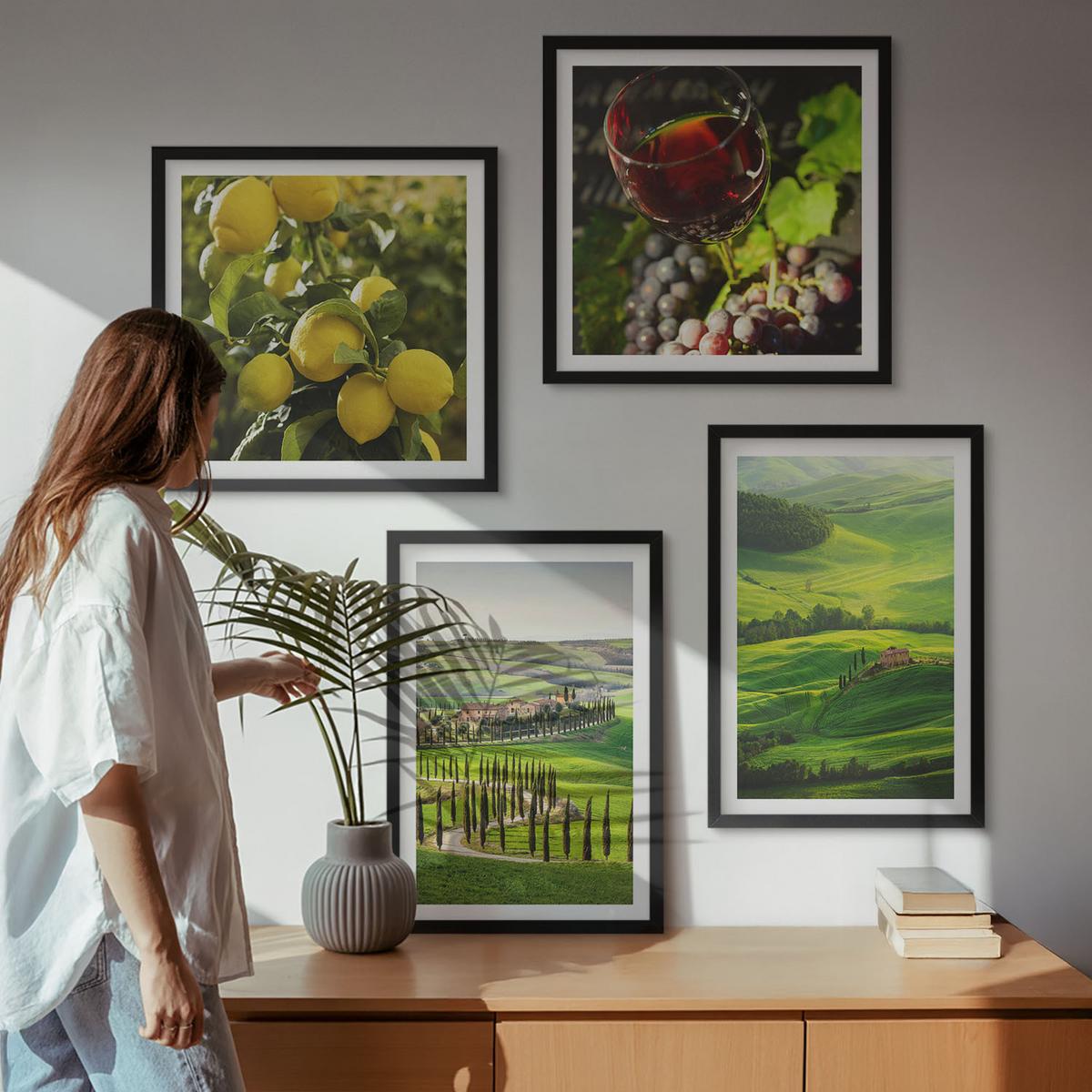 BILDER SET 4er Set - 50x50 cm & 40x60 cm Schwarzer Rahmen - Italienische Landschaften, Zitrushügel - Schwarz, Kunststoff (50/50cm) - TULUP