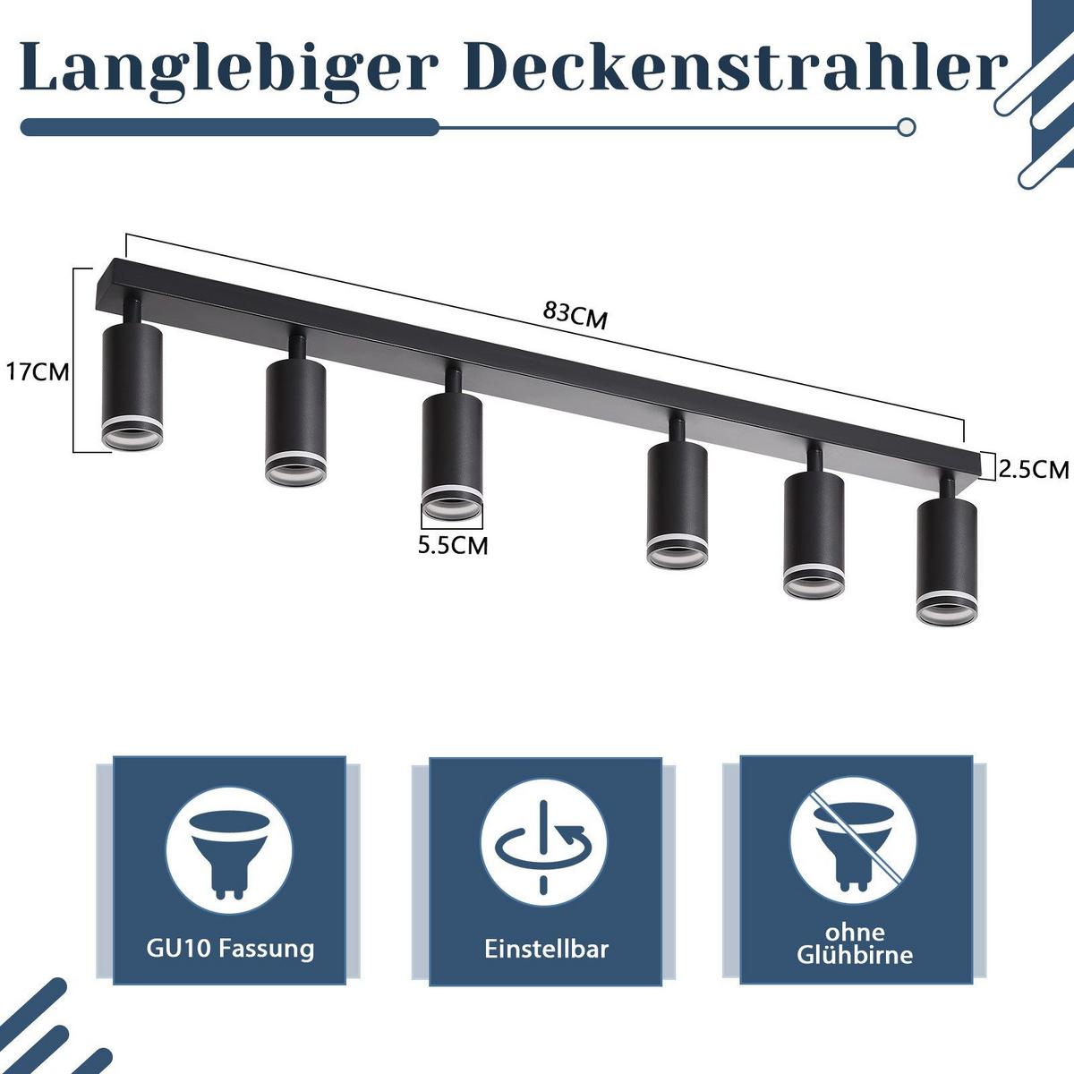 DECKENSTRAHLER Vilbel 6-flammig 83/5/17 cm - Schwarz, Metall (83/5/17cm) - Nettlife