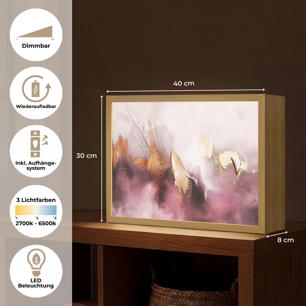 WANDLEUCHTE MIT AKKU Lila - Abstrakt - Farbe - Gold 40x30 cm - Mauve, Holzwerkstoff (40/30/8cm) - OnlyWow