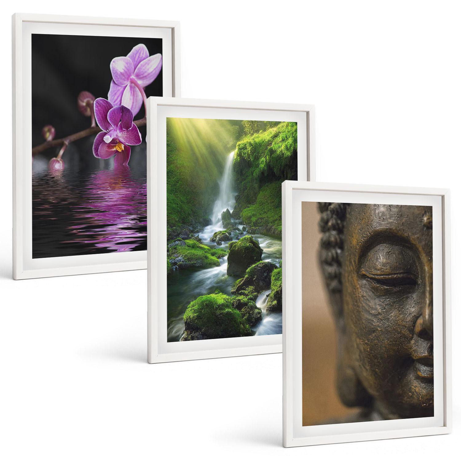 BILDER SET 3er Set - 40x60 cm Weißer Rahmen - Blumen, Wasserfall, Buddha-Felsen, Zen - Weiß, Kunststoff (40/60cm) - TULUP