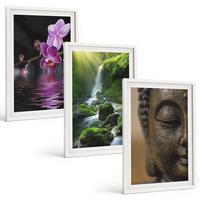 BILDER SET 3er Set - 40x60 cm Weißer Rahmen - Blumen, Wasserfall, Buddha-Felsen, Zen - Weiß, Kunststoff (40/60cm) - TULUP