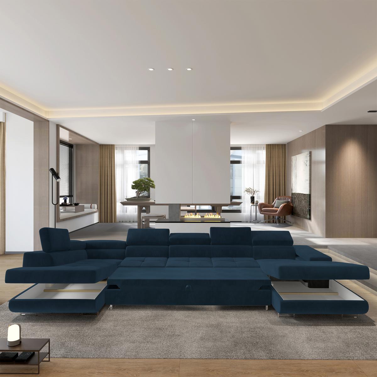 WOHNLANDSCHAFT TORIVA L-S Blau Velours-Stoff mit Schlaffunktion - Blau, Holz (418/90/202cm) - MASSENO