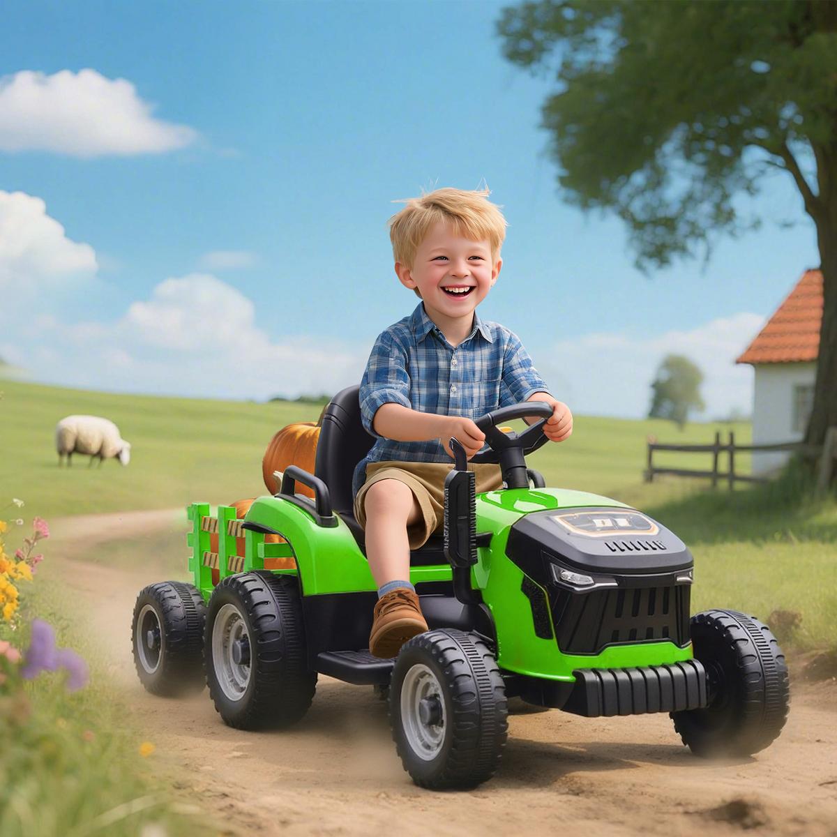 KINDER-ELEKTROTRAKTOR 3-Gang mit Anhänger, 2 Motor, für 3-8 Jahre, Grün - Grün, Metall (139/58/55cm) - AIYAPLAY