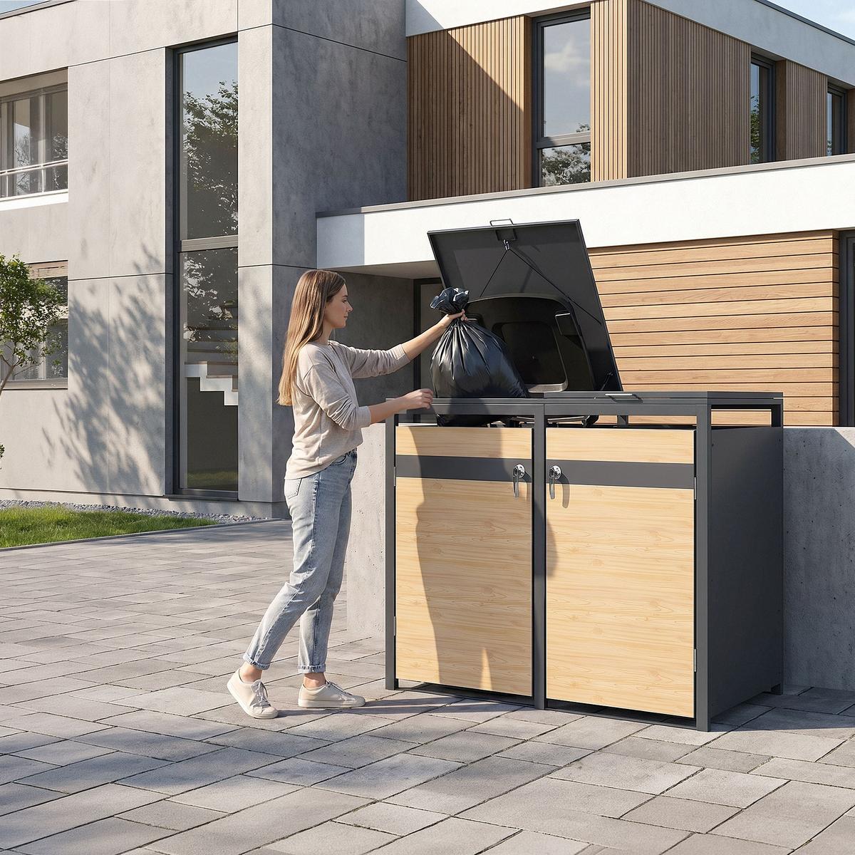 MÜLLTONNENBOX 3er Anthrazit-Holzoptik - Hellbraun, Metall (200/120/80cm) - ML-DESIGN