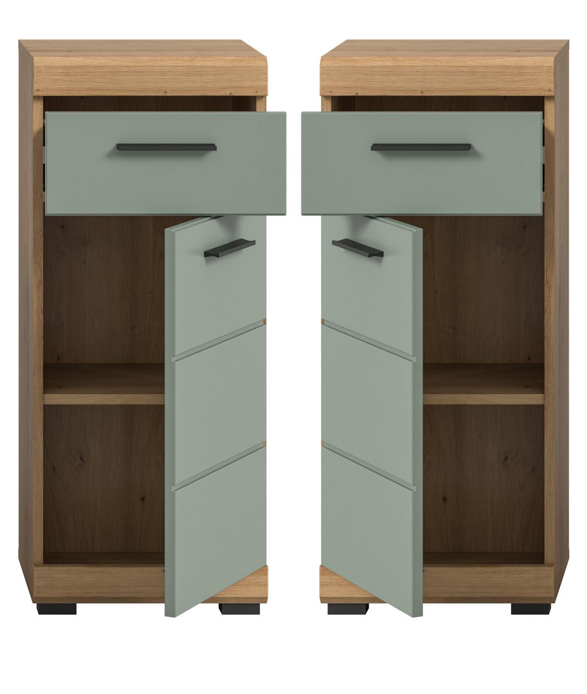 BADKOMMODE Salbei grün, Eiche Artisan 37 x 88 cm, Badschrank Türanschlag wechselbar - Salbeigrün/Schwarz, Holzwerkstoff/Kunststoff (37/88/31cm) - Inn.Furn