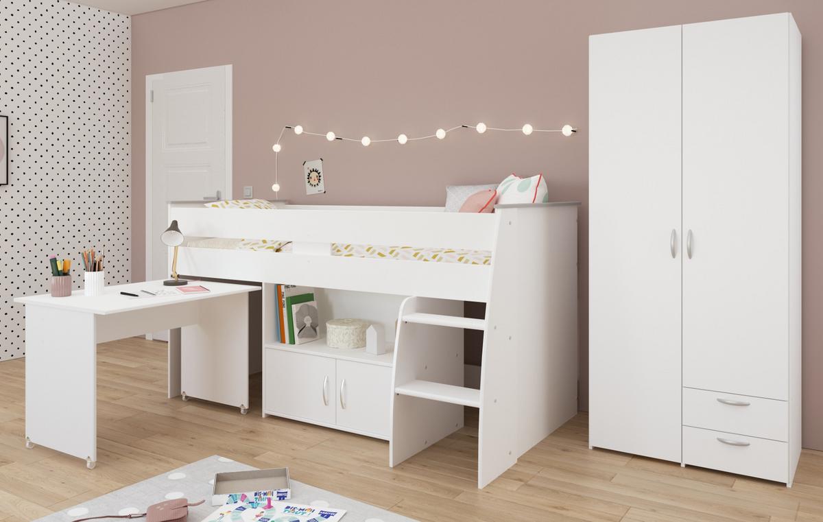 KINDERZIMMER weiß, Komplett-Set 2-teilig mit Stauraumbett, Kleiderschrank - Silberfarben/Weiß, Holzwerkstoff/Kunststoff (115/185/204cm) - Parisot Meuble
