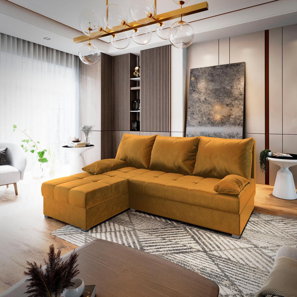 ECKSOFA RITA Orange Plüsch-Stoff mit Schlaffunktion - Orange/Grau, Holz/Kunststoff (200/141cm) - MASSENO