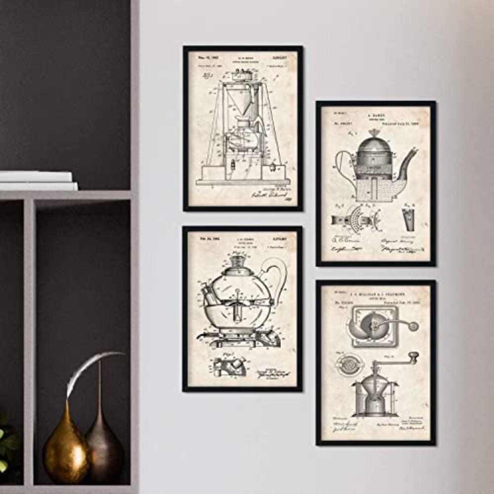 POSTER Set mit 4 Jahrgang cafeteras Patenten A4 Schwarzer Rahmen - Schwarz, Papier (29.7/3cm) - Nacnic