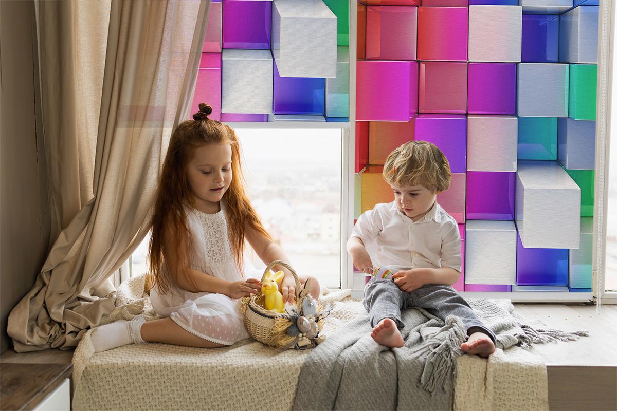 INNENROLLO - Fensterrollo - Rollo - 110x140 cm - Bunte 3D-Würfel - Blau, Kunststoff (110/140/0.5cm) - TULUP