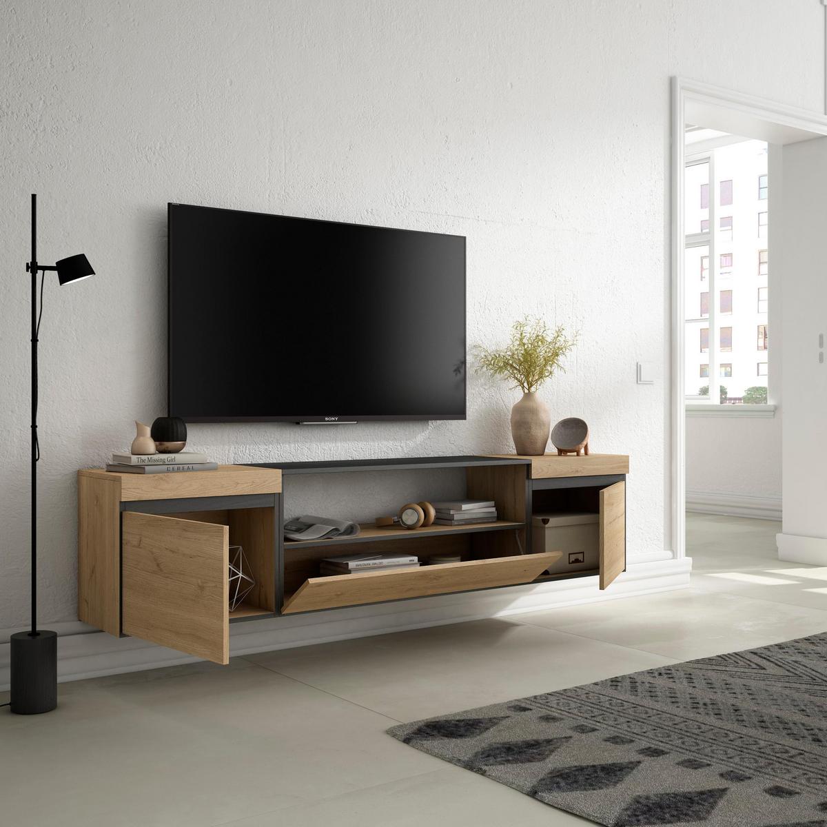 LOWBOARD Hängend, Eiche, Schwarz, 200/35/45cm - Eichefarben, Holzwerkstoff (200/45/35cm) - Skraut Home