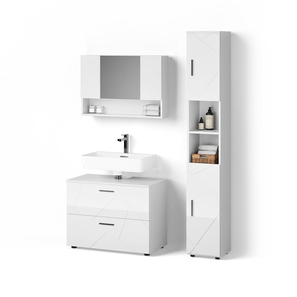 BADMÖBEL-SET Ronco Weiß Hochglanz 3 Teile, mit Spiegelschrank 80 cm - Weiß Hochglanz, Holzwerkstoff (41/80/58cm) - Livinity®