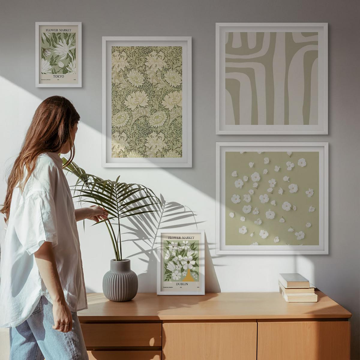 BILDER SET 5er Set - 50x50 cm & 20x30 cm & 40x60 cm Weißer Rahmen - Boho-Pflanzenkompositionen in Pastellfarben - Weiß, Kunststoff (40/60cm) - TULUP