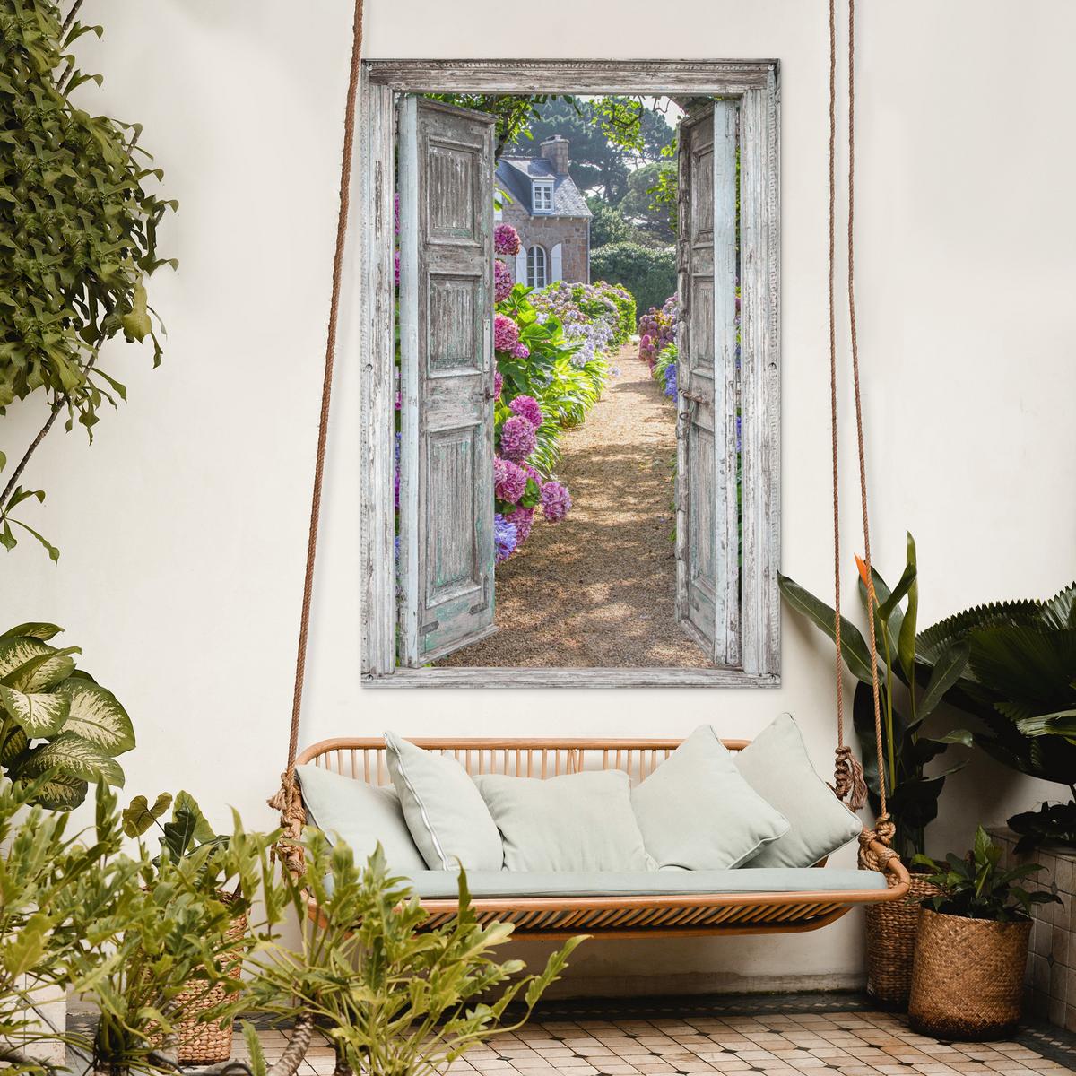 GARTENPOSTER Durchblick - Hortensie - Blumen Bild 120x180 cm - Hellgrau, Kunststoff (120/180/0.2cm) - OnlyWow