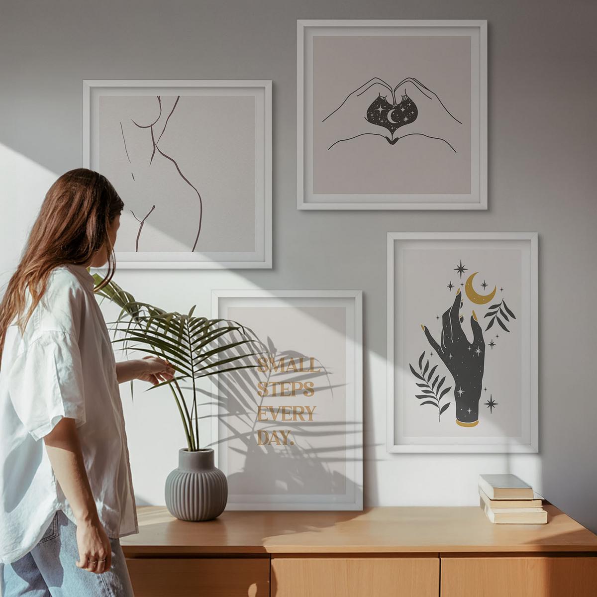 BILDER SET 4er Set - 50x50 cm & 40x60 cm Weißer Rahmen - Minimalistische Boho-Illustrationen - Weiß, Kunststoff (50/50cm) - TULUP