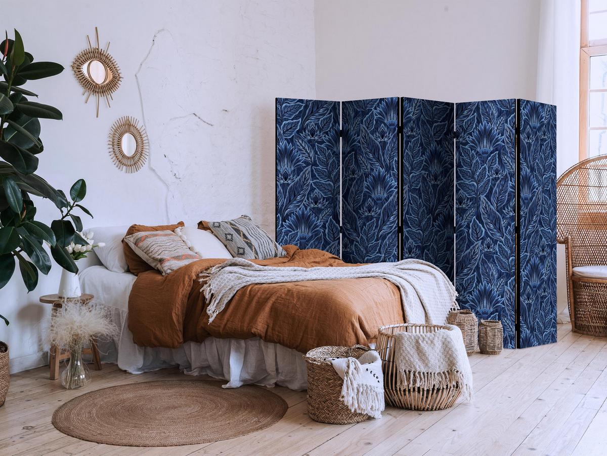 PARAVENT 5-tlg 225x172 cm Blaue Blätter - Blau, Holz/Textil (225/172/3cm) - Muralo