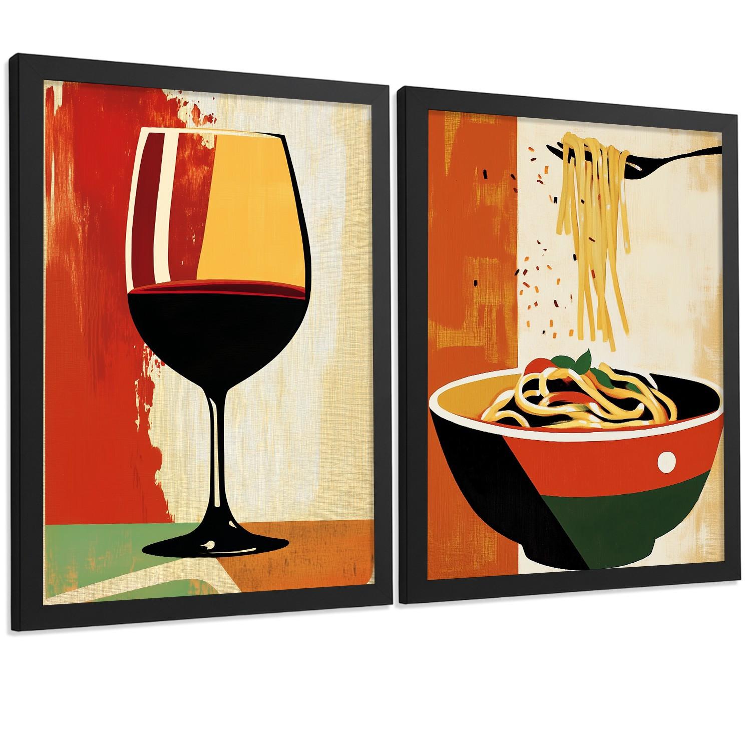 POSTER 2er Set Küchen-Wandbilder Rotwein und Pasta Vintage Retro Esszimmer Wanddeko Rahmenlos A4 - Schwarz, Papier (29.7/1/21cm) - Nacnic