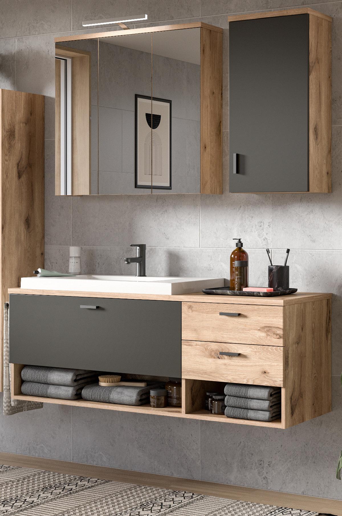 BADMÖBEL-SET Eiche, grau matt 138 cm, Kombination mit Waschbecken - Eichefarben/Grau, Holzwerkstoff (140/192/48cm) - Inn.Furn