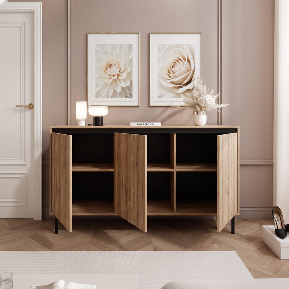 KOMMODE LIRA 149 cm, Evoke-Eiche - Eichefarben/Schwarz, Holzwerkstoff/Metall (149/85/40cm) - Idohome
