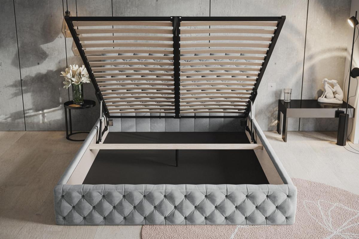 BETT 160x200 - Polsterbett mit Bettkasten und Metallrahmen - Elegant Betten - Weicher Jasminstoff - Kollektion Miami, Grau - Grau, Holz/Textil (160/200cm) - Alpi-Möbel